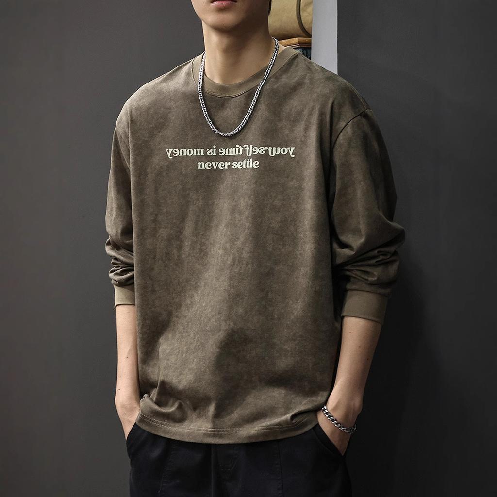 Autumn Wasteland Feng Shui Washing Printing Long-Sleeved T-Shirt Men'S American Heavy Pure Cotton Bottoming Shirt Trendy Brand Loose Sweater