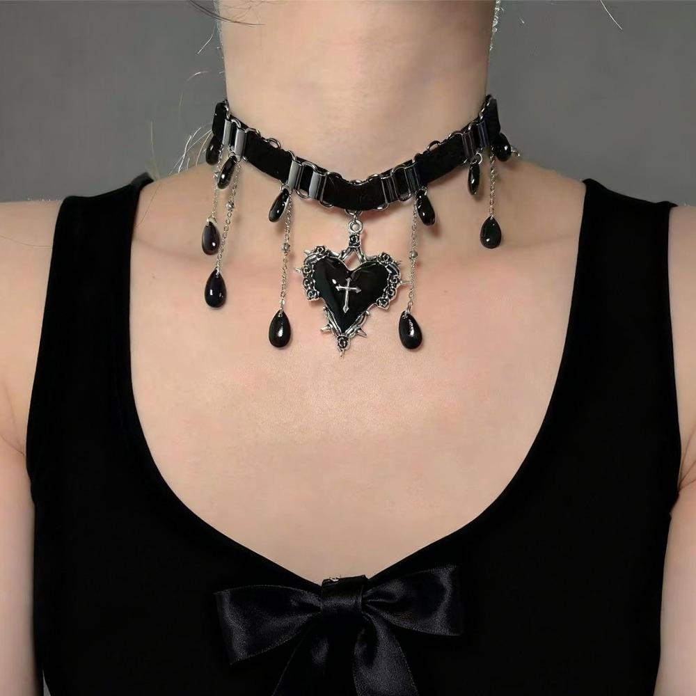 Gothic Punk Personality Black Cross Heart Shape Pendant Water Drop Tassel Choker Necklace for Women Subculture Designer Jewelry