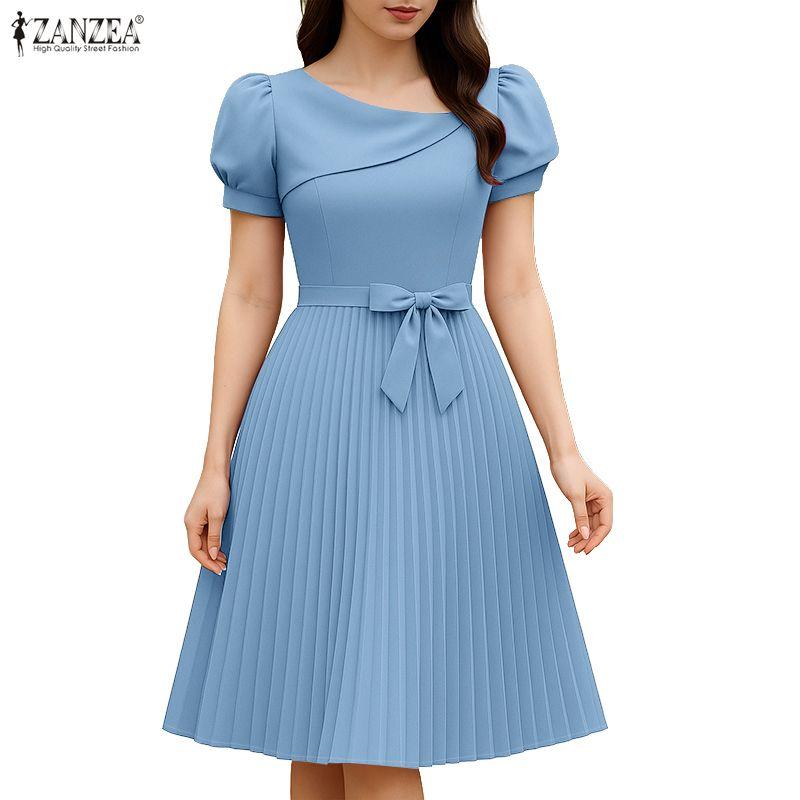 ZANZEA Women Casual Square Collar Summer Short Sleeve Pleated Dress