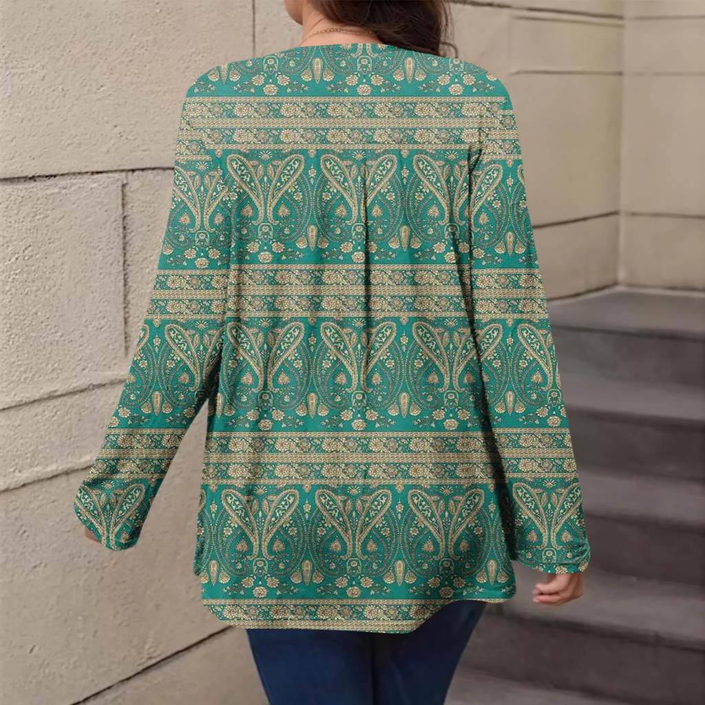 Women's Plus Size Fashion Printed Casual Pleated Round Neck Long Sleeve Top