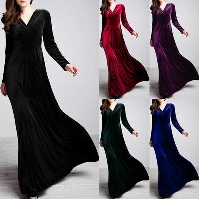 Women's Autumn And Winter Gold Velvet V-Neck Solid Color Long-Sleeved Party Dress