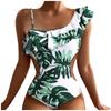 One Piece Swimsuit for Women Cut Out Design Ruffle Detail Asymmetric Strap Leaf Print Beachwear Swimwear