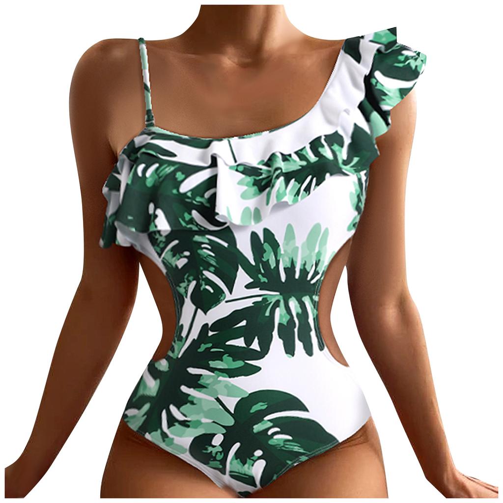 One Piece Swimsuit for Women Cut Out Design Ruffle Detail Asymmetric Strap Leaf Print Beachwear Swimwear