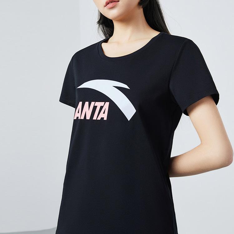 Anta Lifestyle Series Logo Print Round Neck Pullover Short Sleeve T-Shirt Women T-Shirts Basic-Black 962328120-8