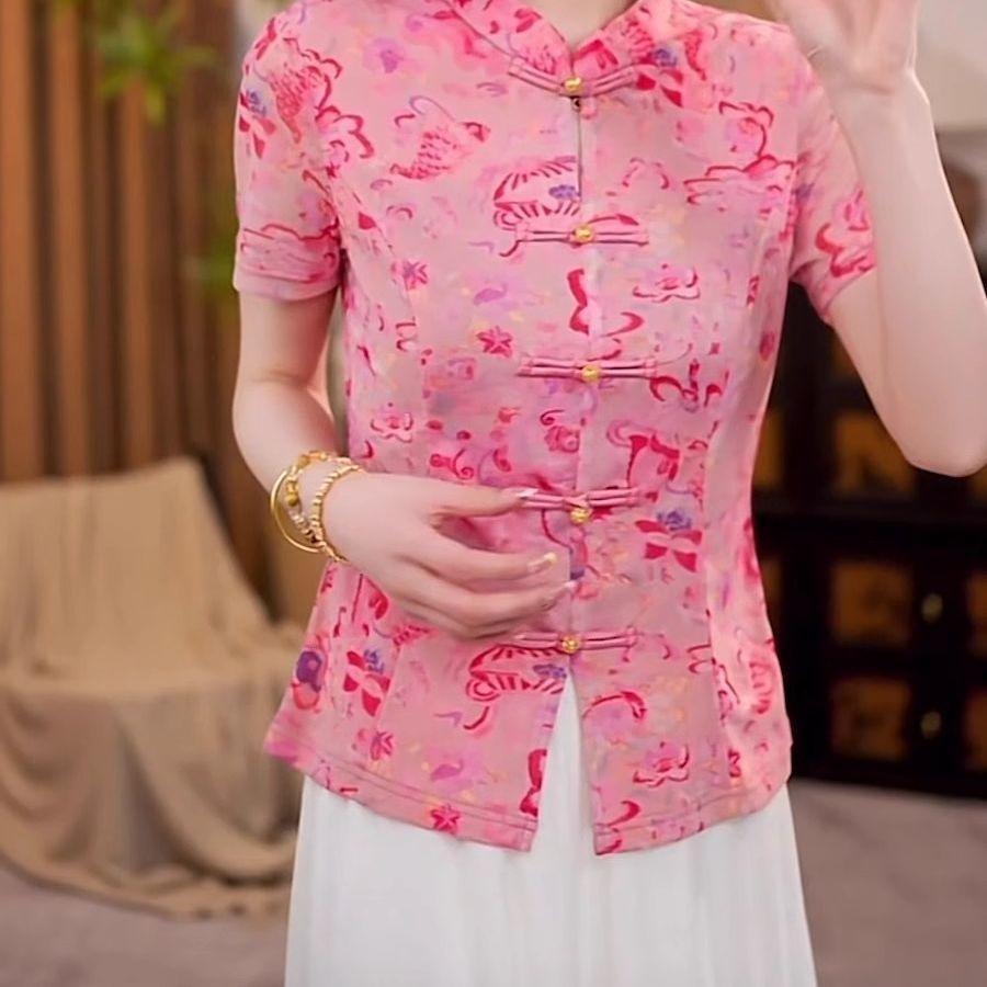 Short-sleeved shirt women's 2025 summer stand-up collar with printed shirt, pink front shoulder top