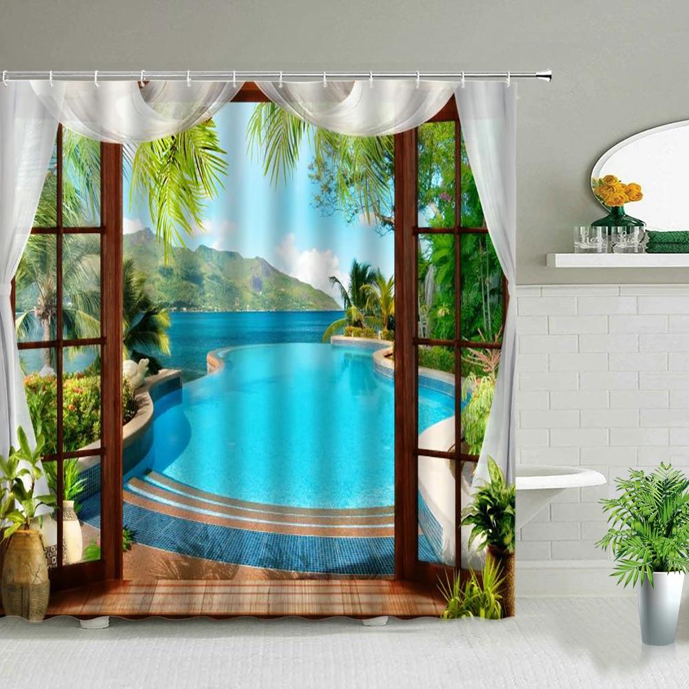 Ocean Scenery Shower Curtains Ldyllic Building Flower Plant Spring Landscape Bathroom Curtain Waterproof Fabric Bathtub Screen