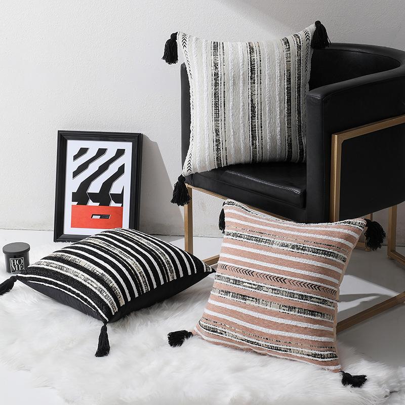Jmg Clothing Unisex Jacquard Striped Geometric Tassel Cushion Cover For Home Sofa Bed Throw Pillow Case Living Room Decorative