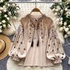 Elegant Lace-up Embroidered Long Sleeve Pleated Blouse Chic Vintage V Neck Fashion Top Women Spring  Birthday Party Shirts Y2k