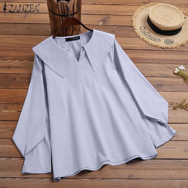 

ZANZEA Женская хлопковая однотонная блузка с длинным рукавом и кукольным воротником, топы