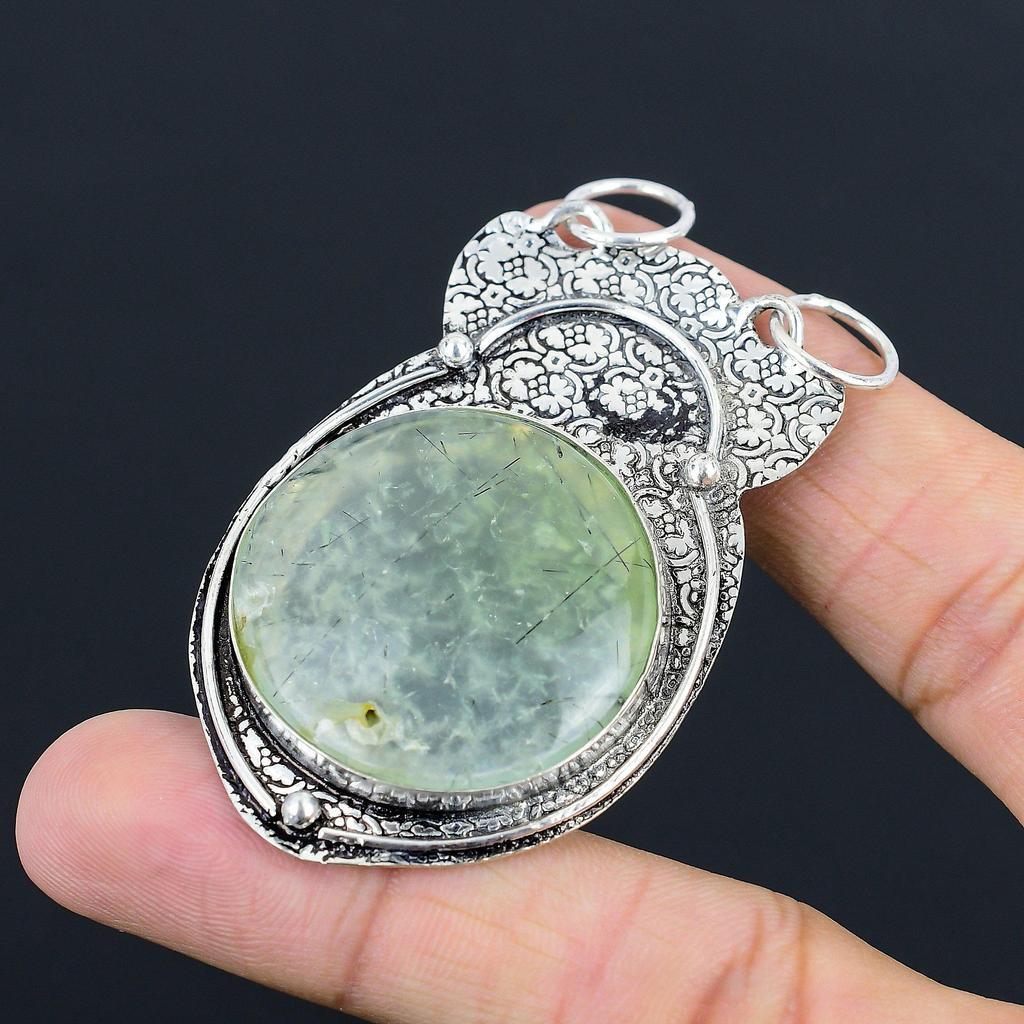 Daughters Day Sale Moss Prehnite Gemstone 925 Silver Sister Boho Pendant Jewelry