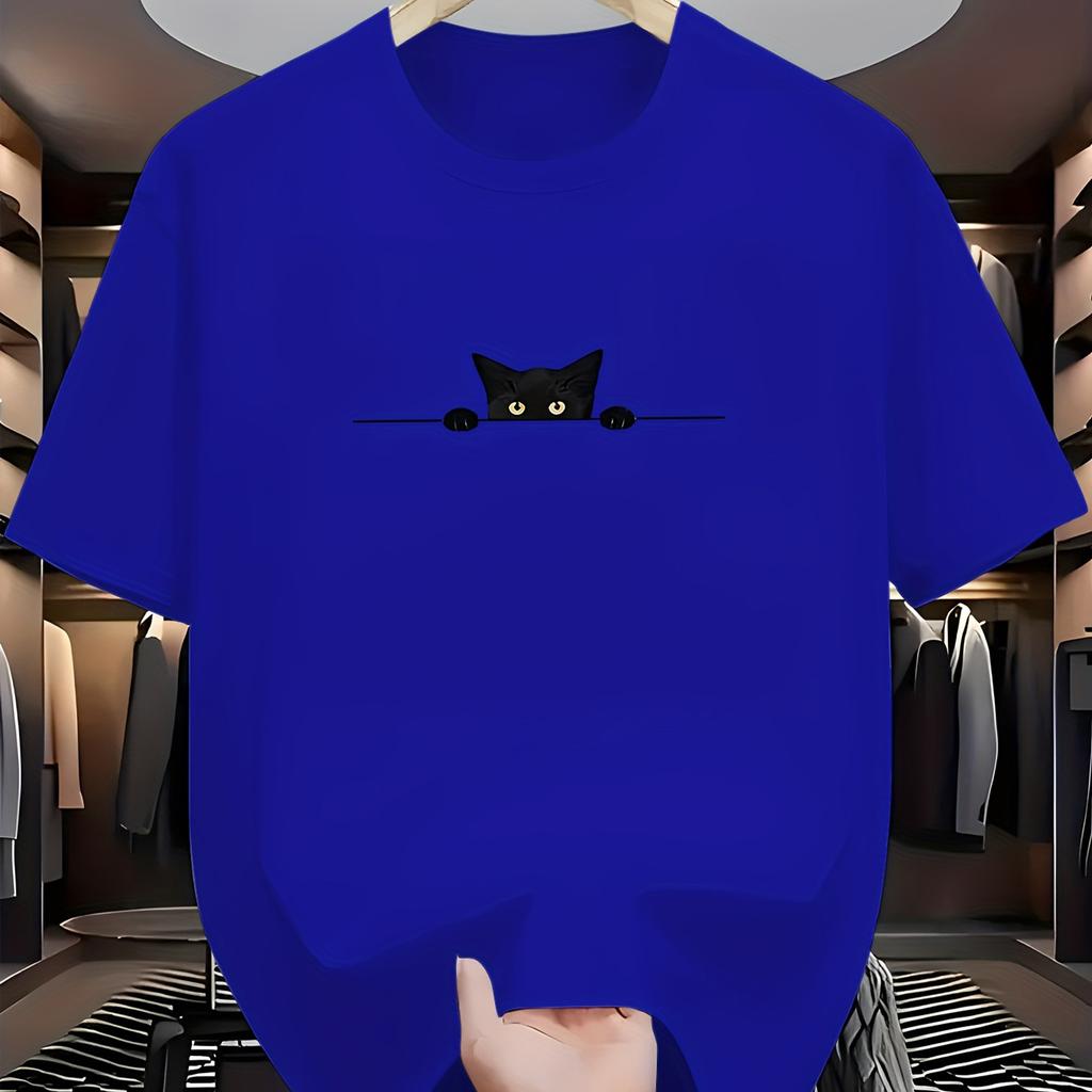 Camiseta de Verano para Hombre 100% Algodón Moderna Casual Holgada con Estampado de Lindo Gato Grande de Cuello Redondo y Manga Corta