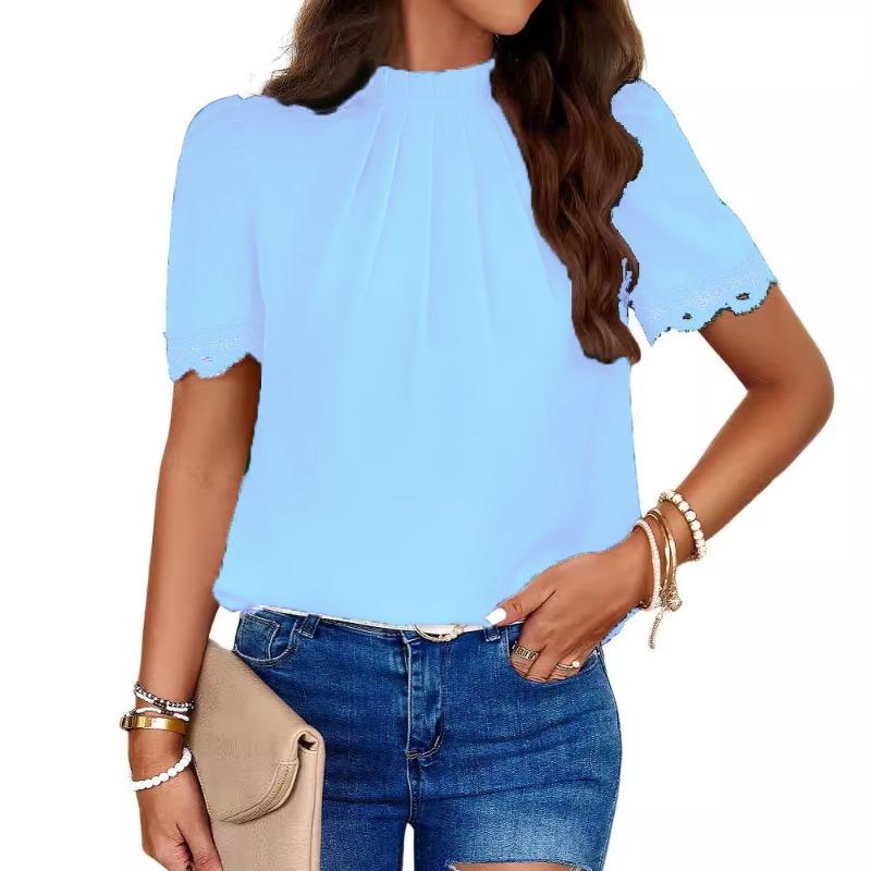 YYFS Damenmode, lässig, Sommer, Frühling, einfarbig, bedruckt, kurzärmelig, O-Ausschnitt, Blusen und Hemden