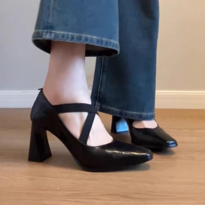 Fashion 2025 Spring and Summer New Cross Elastic Band Retro Thick Heel Mary Jane One Foot High Heels Women Singles Pointed Ballet Shoes