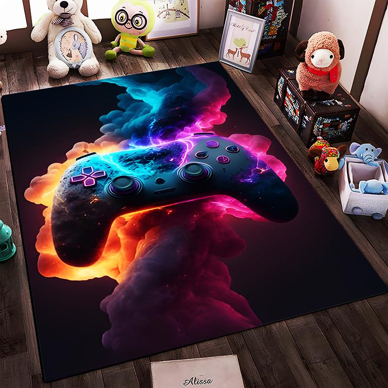 Gaming Controller Design Rug with Neon Colors and Abstract Smoke Pattern Suitable for use as an anti-slip for living room bedroom sofas