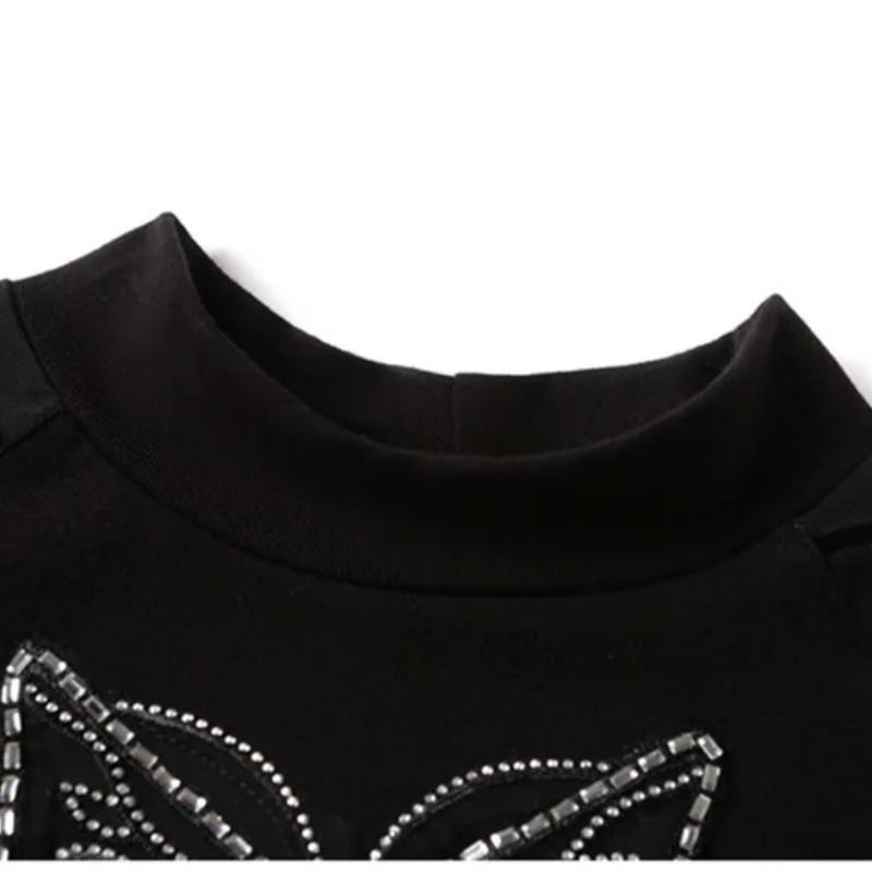 Summer Short Sleeve Women Black Tees Butterfly Hot Diamonds Designer T-Shirt Sexy Ladies Casual Mesh Tops Blusas