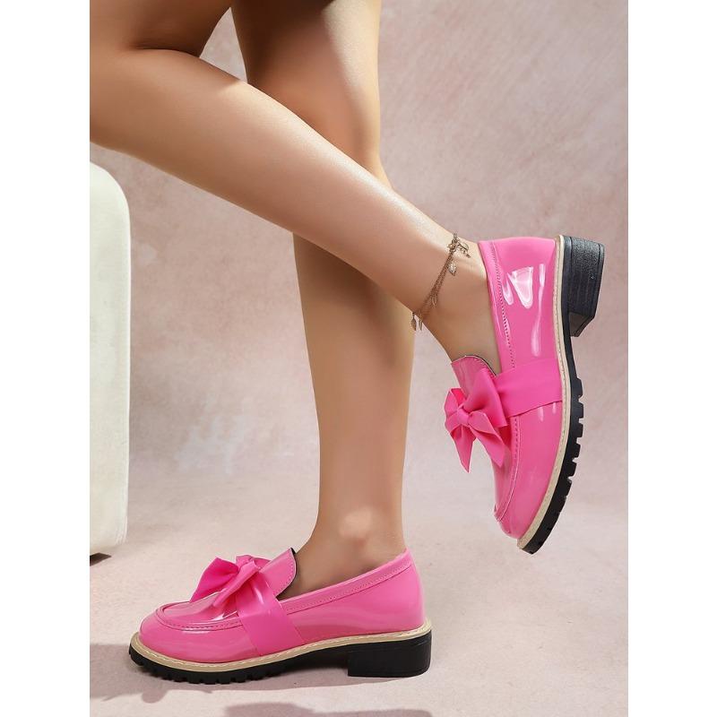 Damen Übergröße Britischer Stil Lackleder Loafers Neue Herbst Schleife Mittelhoch Blockabsatz Schuhe