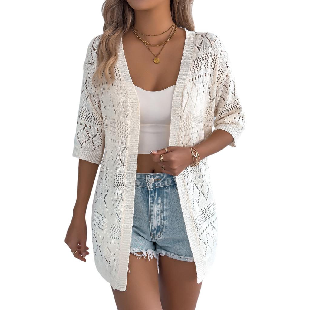 Cardigan/top lavorato a maglia da donna casual colorato con trafori, a maniche corte, per le vacanze.