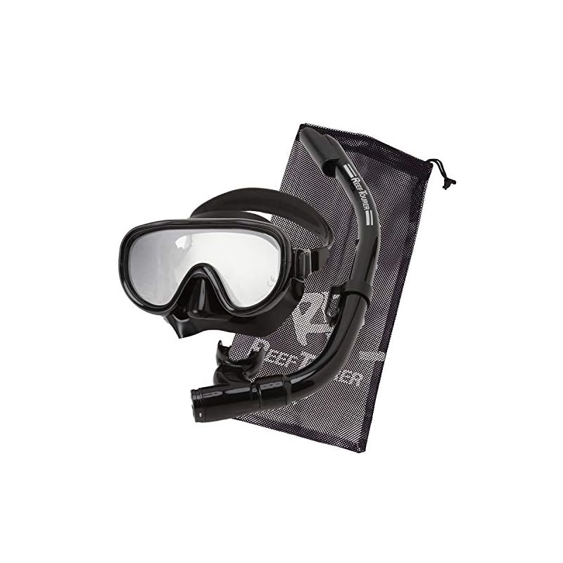 [] REEF TOURER Mesh Bag Snorkeling Set, Ages 10+, Panoramic Wide-View Snorkel Mask + Wave Guard Snorkel, Black RC0105
