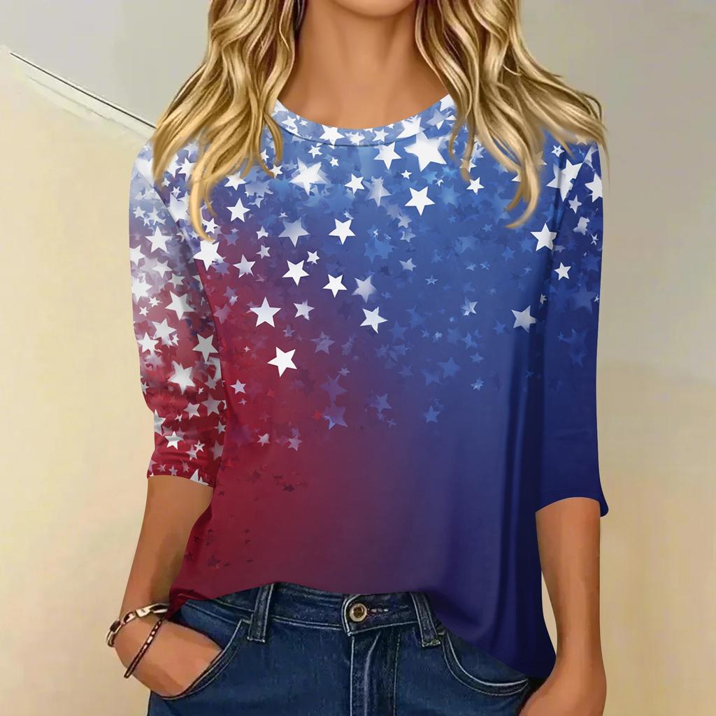 Haut t-shirt décontracté tendance pour femme, col rond, manches trois-quarts, imprimé Fête de l'Indépendance