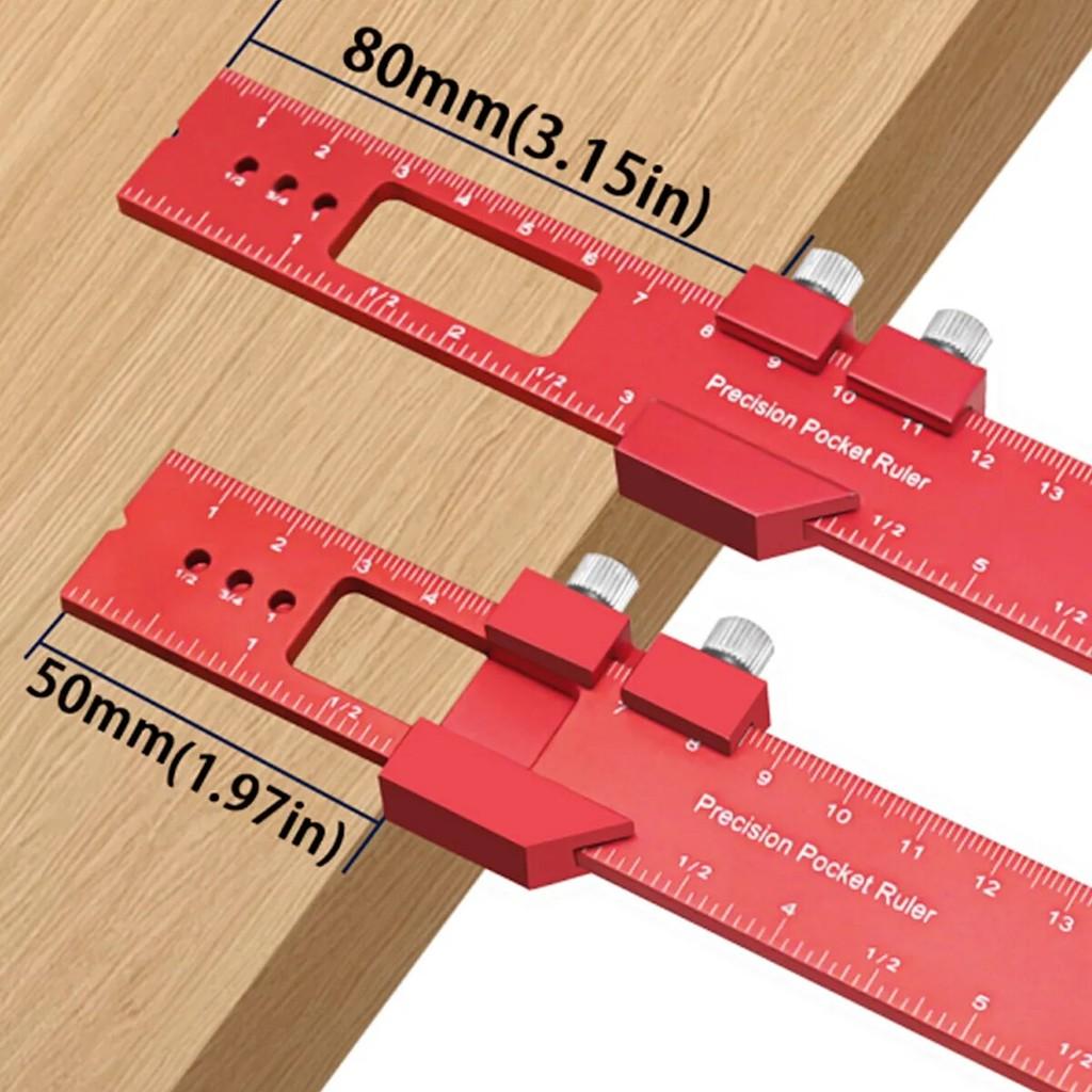 T-Type Scribing Ruler High Precision Pocket Ruler Inch and Metric Metal Slide Ruler Aluminum Alloy Woodworking