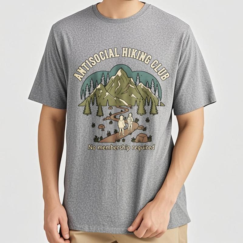 Comfortable Unisex Crew Neck Tshirt Streetwear Antisocial Hiking Club Mountain Scene Hiker Trail Trees Anime For Her Teeshirt