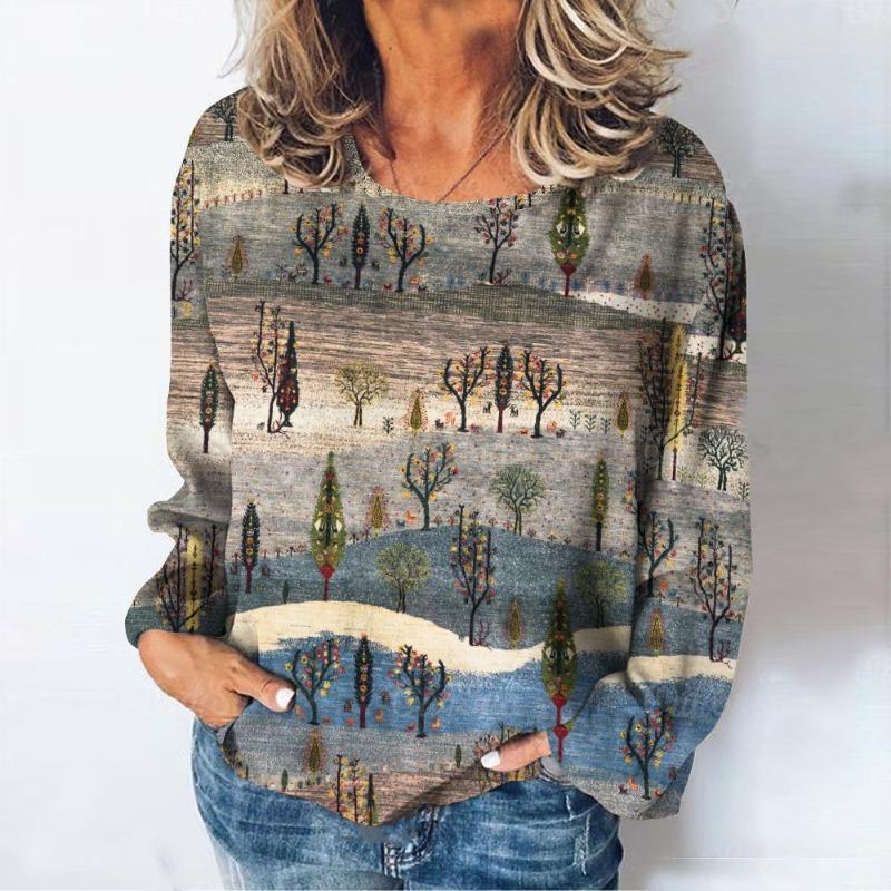 

Женские футболки с принтом природных пейзажей, футболка с длинными рукавами, повседневная женская одежда на каждый день, свободная, винтажная, уличная, пуловер 6XL