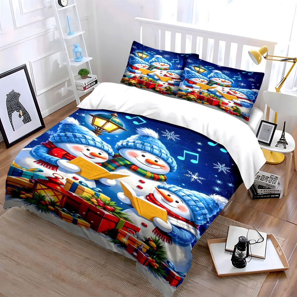 Snowman Family Christmas Scene Bedding Duvet Cover Set Duvet Cover Pillowcases (1*Duvet Cover 2*Pillowcases, Without Duvet Insert)