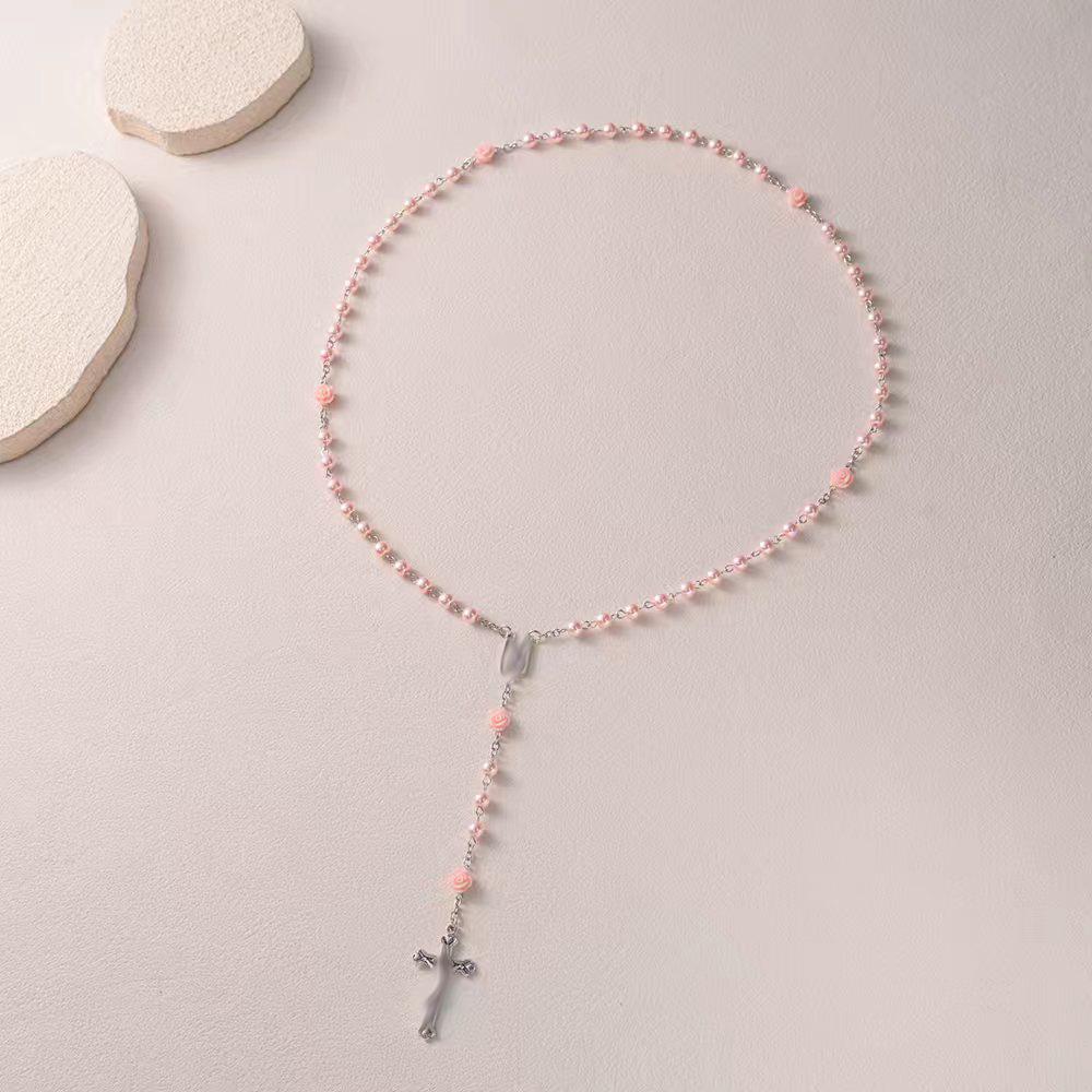 6mm Pink Rose Rosary Necklace with Cross and Glass Beads