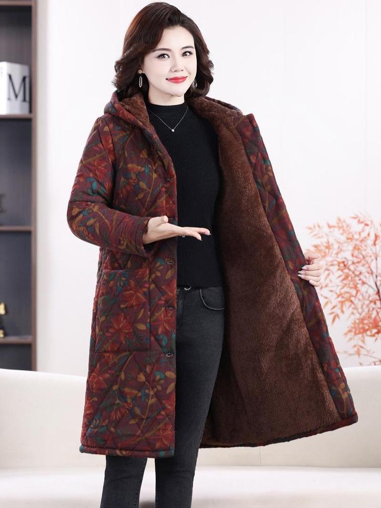 Stylish and Warm Mid-Length Floral Cotton Jacket for Middle-Aged Women, Plus Velvet, Thickened for Winter