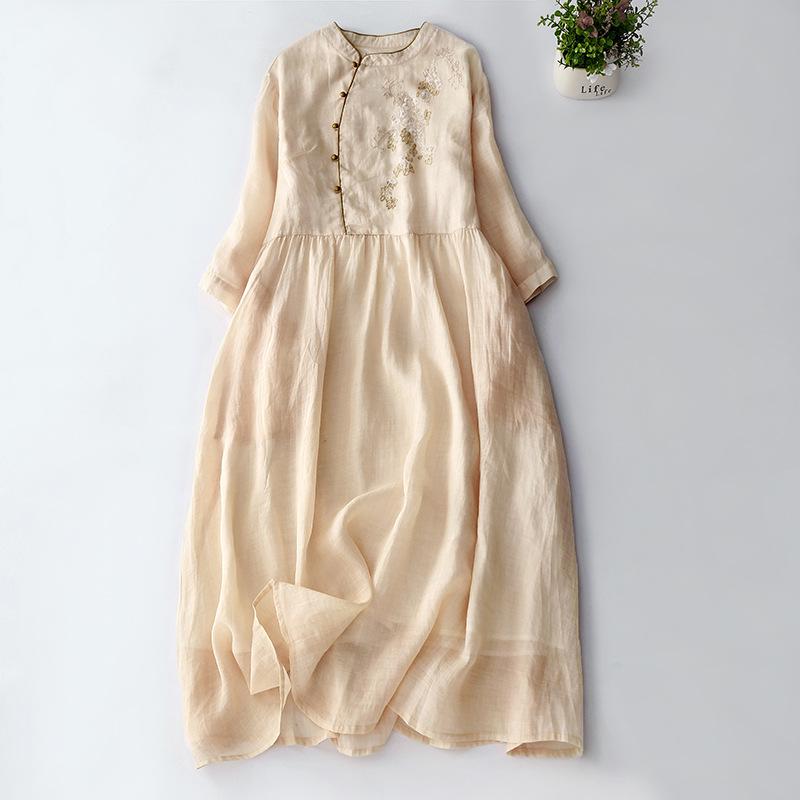 Abito Retro Estivo da Donna 2026 con Scollo Incrociato Ricamato in Cotone e Lino con Collo alla Coreana e Maniche a Tre Quarti