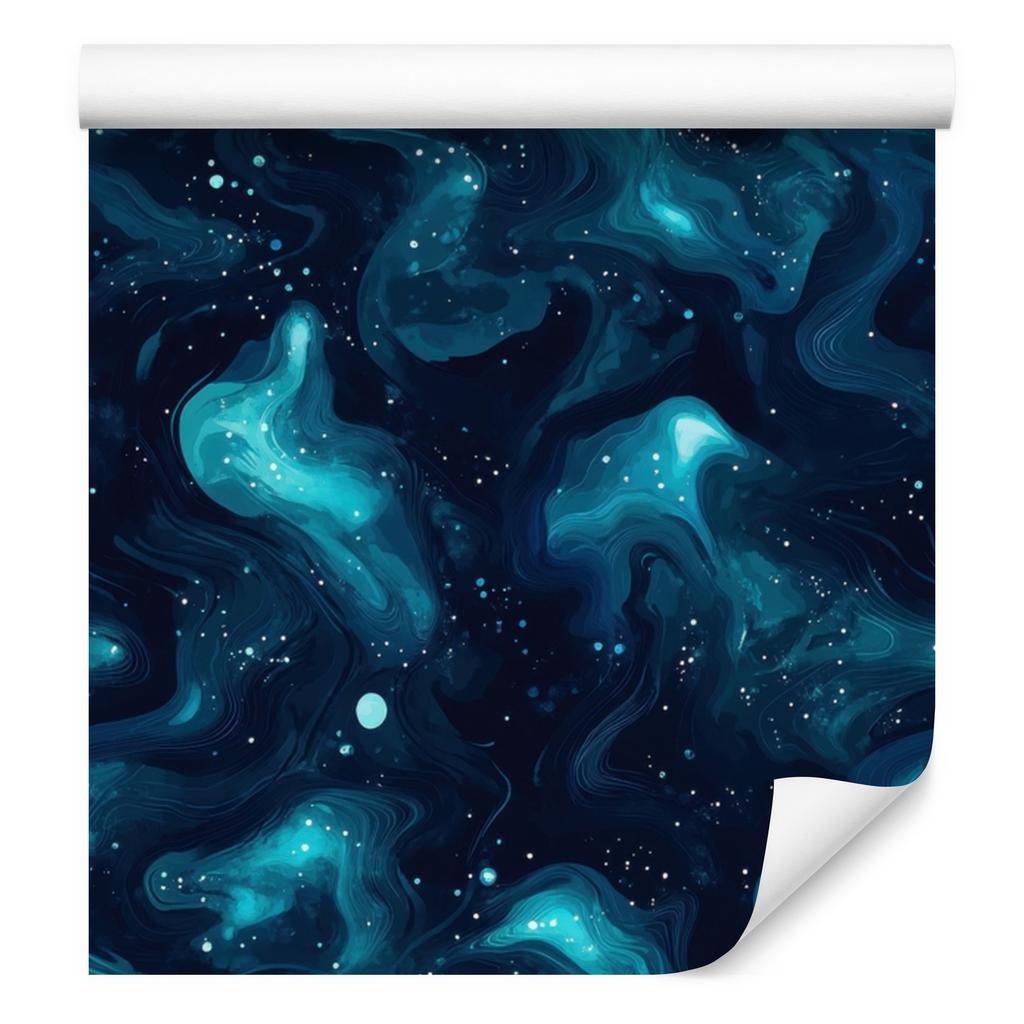 Watercolor Galaxy Wallpaper Navy Blue and Turquoise, Soft Forms 50x1000