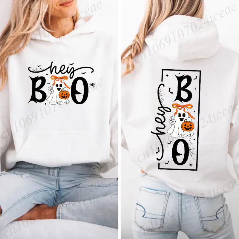 Retro Halloween Women Hoodies Hooded Sweatshirt Hey Boo Ghost Pumpkin Spider Graphic Sweatshirts Spooky Season Holiday Hoodies