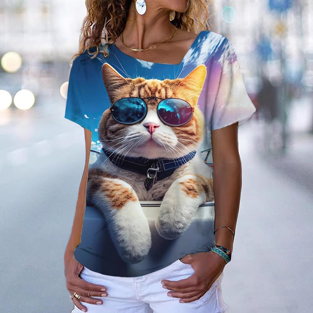 

New Diagonal V-neck T-shirt for Women, Short Sleeved Summer Clothing, Animal Printed Loose Cat T-shirt XS