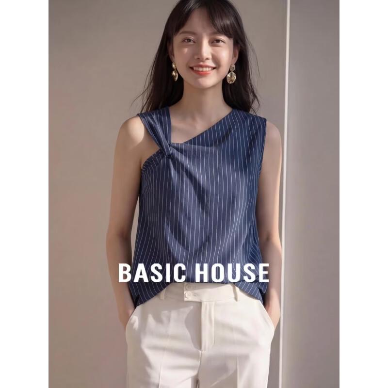 Basic House Blue Stripe Tencel Asymmetric Shoulder Sleeveless Shirt L