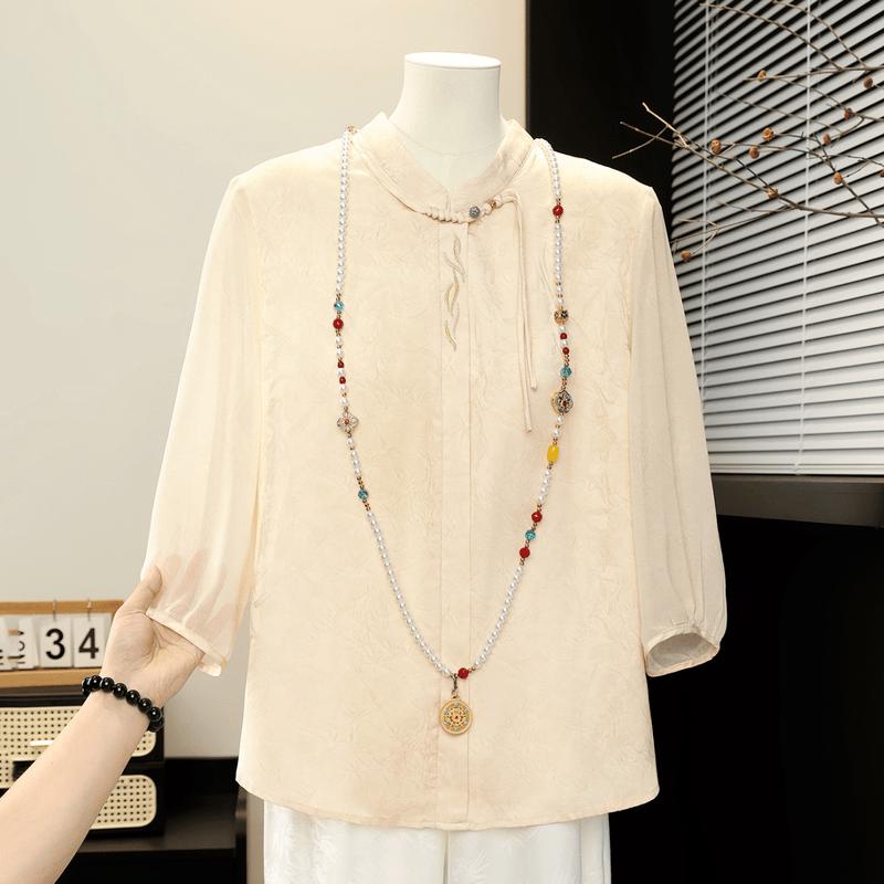 Women s New Chinese Style Stand Collar Pearl Button Blouse 2XL