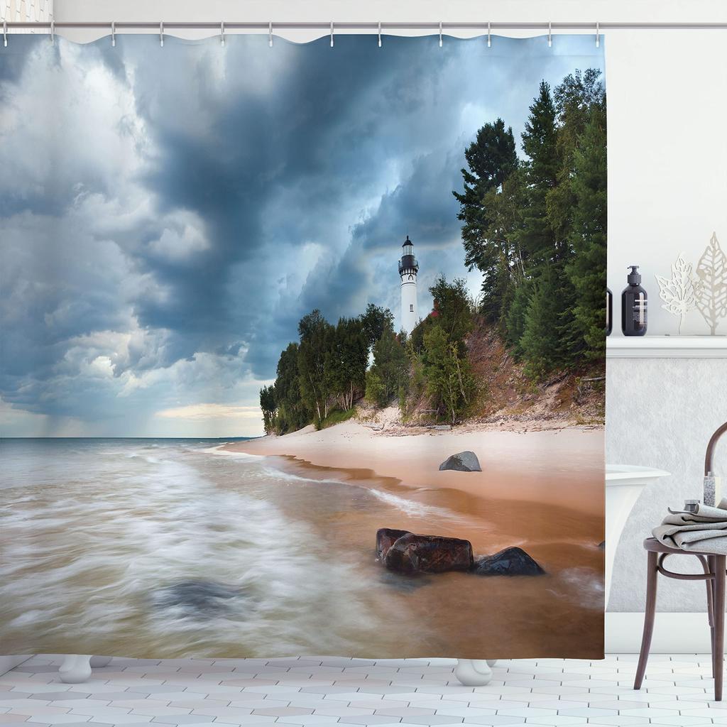 Lighthouse Shower Curtain Bathroom Decor Ocean Sunrise Nautical Seascape Shower Curtains Polyester Fabric Bath Curtain with Hook