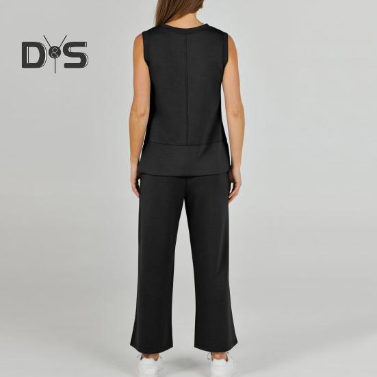 2-teiliges Oberteil- und Hosenset für Damen, einfarbig, Rundhalsausschnitt, ärmellos, Seitenschlitz, lockere Weste, weites Bein, Seitentaschen, Hose für den Alltag, Pendeln, Urlaubsoutfit