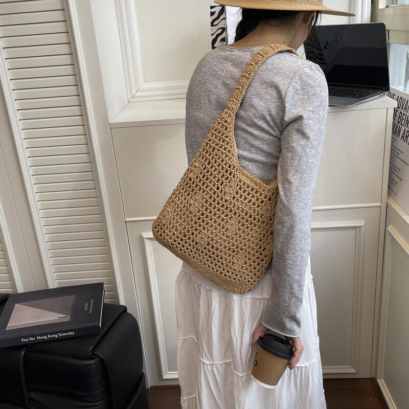 Gehäkelte Strick-Tragetasche mit breitem Schultergurt Leichte Handtasche Lässige Alltagstasche Damen Mode Tasche