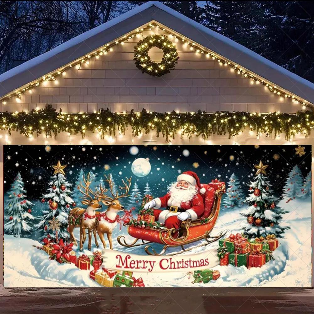 Merry Christmas Garage Door Background Banner Xmas Tree Gift Santa Claus Backdrop Winter Christmas Party Outdoor Wall Decoration
