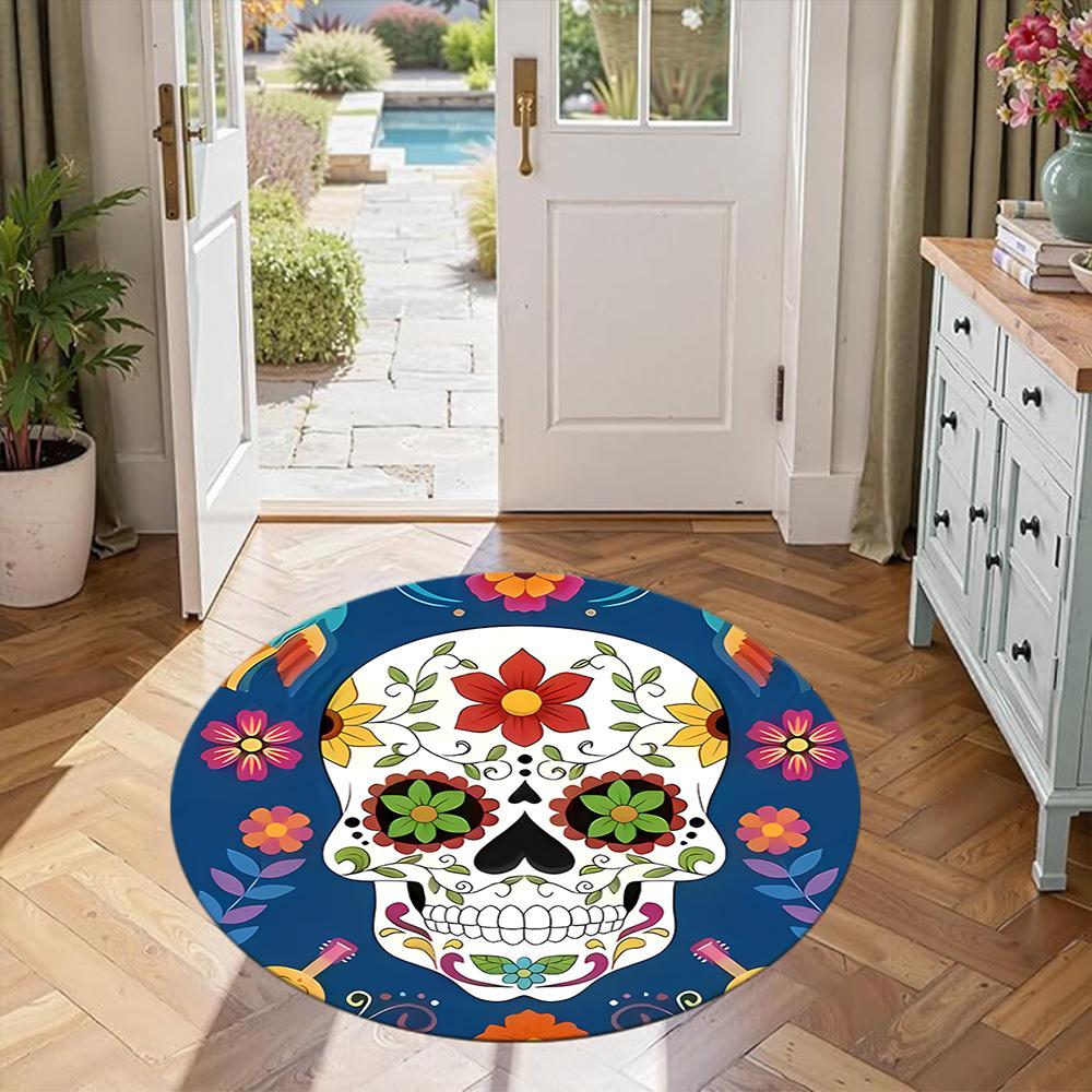 Skull Round Floor Mat Suitable for Outdoor Hallway Entryway Kitchen Antislip Round Carpet Anime Office Decor