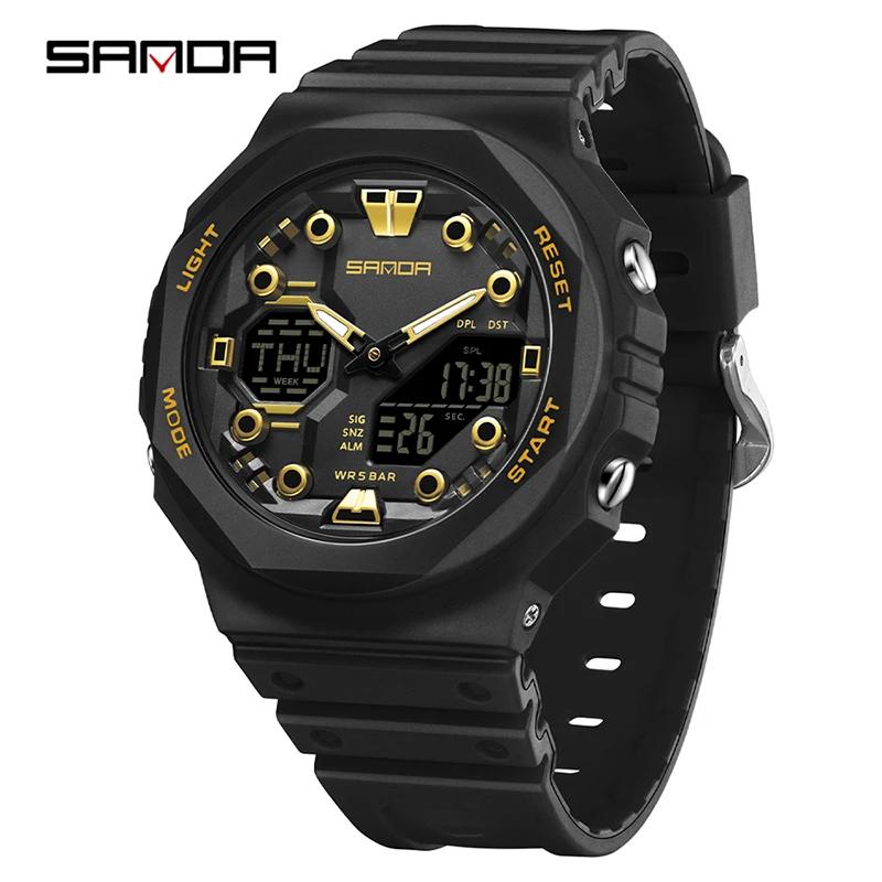 SANDA Military Men Sport Watch Stopwatch Alarm Countdown LED Light Digital Watches 50M Waterproof Dual-Display Quartz Wristwatch