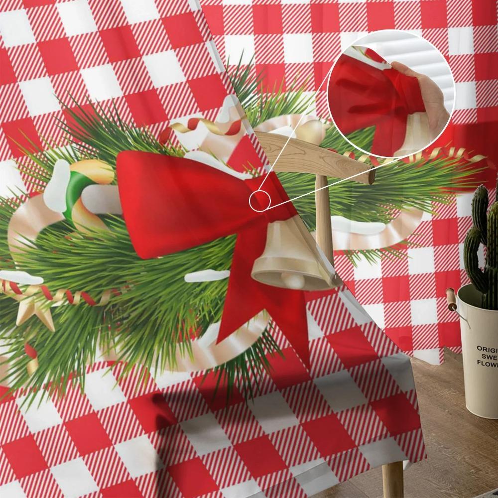 Christmas Red Plaid Bow Yarn Curtain Window Tulle Drapes For Living Room Cooking Area Sheer Window Treatments Voile Drapes