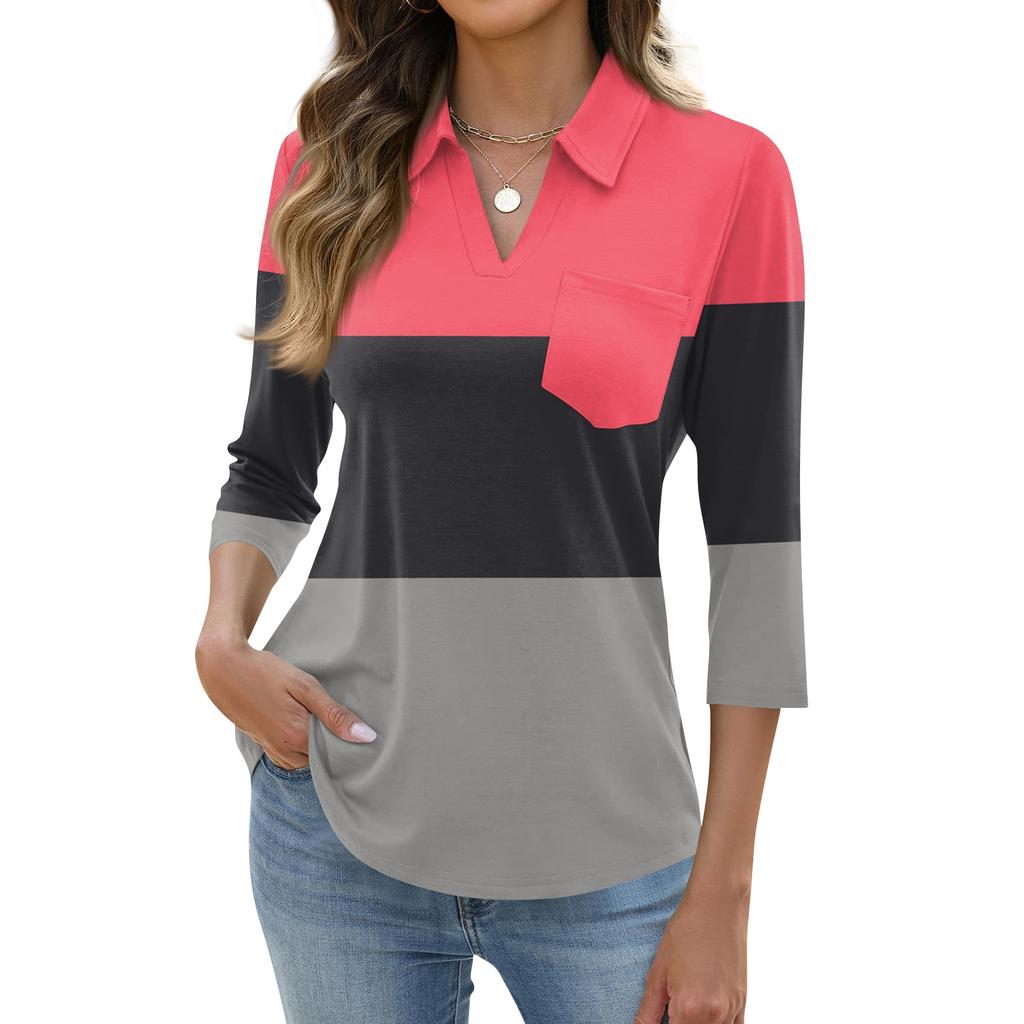 Damen Mode Lässig Revers Kurz 3/4 Ärmel Print Hemd Damen Oberteile