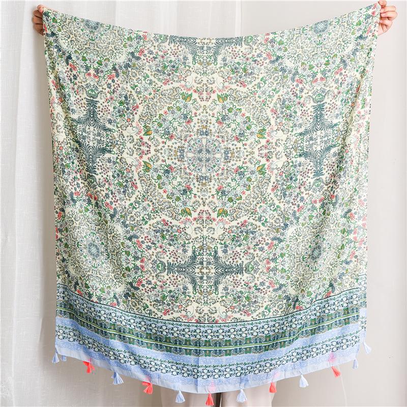 

2024 Четыре сезона Универсальный зеленый шарф из хлопка и конопли с маленьким цветком, мягкий на ощупь шелковый шарф из хлопка 180*90