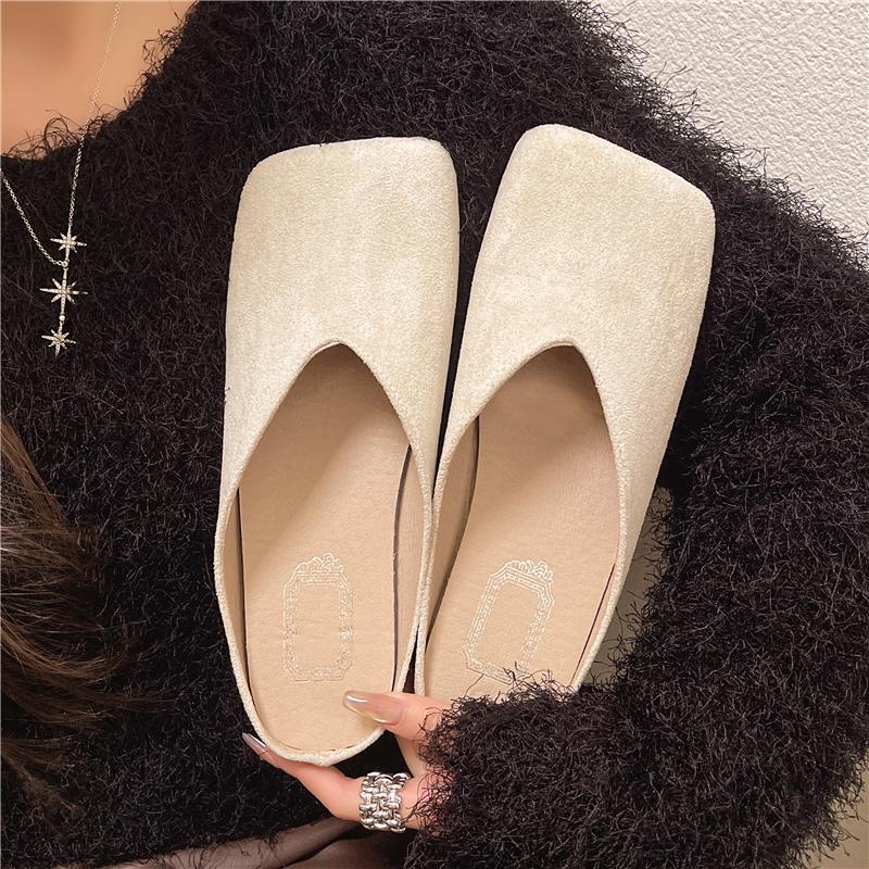 Fashion Spring New Baotou Slippers Women's Fashion Square Head Deep Mouth Suede Soft Sole Anti-slip Wear-resistant Flat Shoes