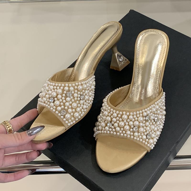 Summer Fashion White Pearl Women Slippers Sandals Open Toe Crystal Rhinestone Low Heels Mules Female Party Dress Shoes