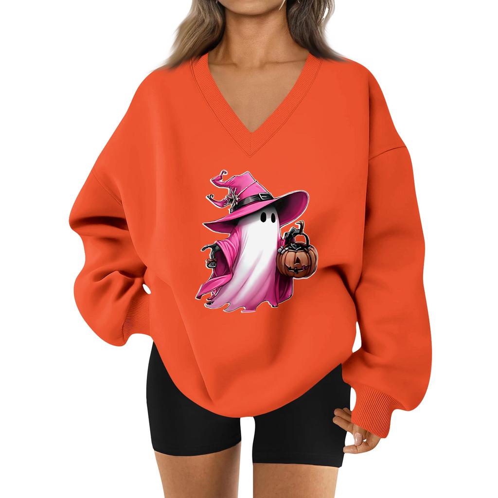 Women's V-neck Dropped Shoulder Halloween Print Sports Sweatshirt Top