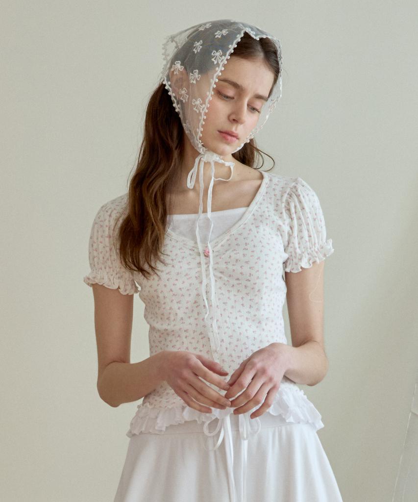PINK PINEAPPLE Flower Shirring Puff T-Shirt_Ivory