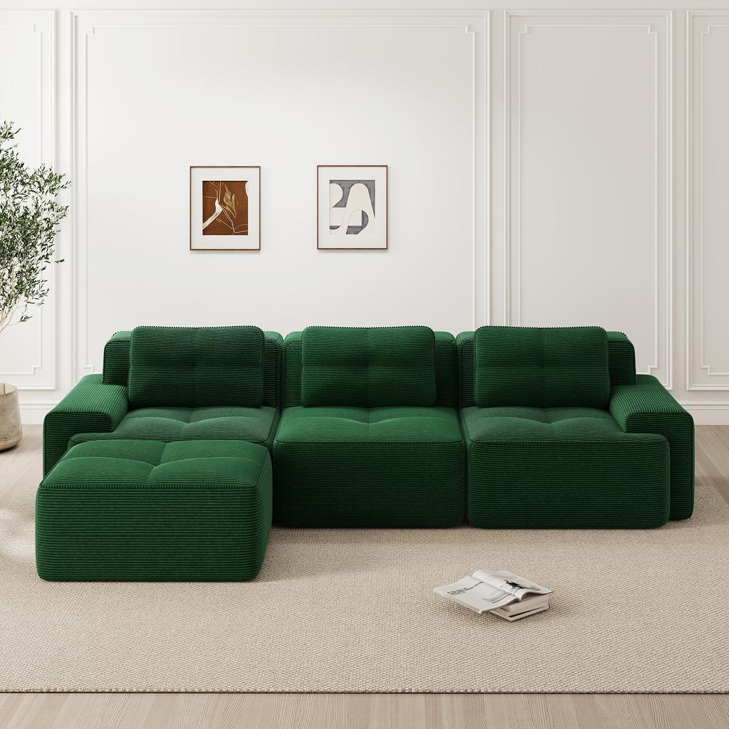 Cloud Modular Sofa Boneless L-Shaped Sofa, Modular Sofa with Ottoman, 3-Seater Corduroy Cloud Sofa for Living Room, Assembly-Free Sofa, Green