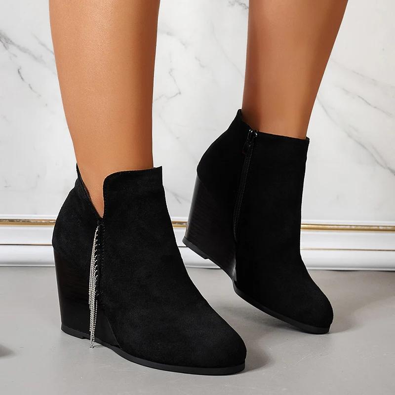 Fashion High Heels Women Suede Snow Ankle Boots Wedges Beaded Designer Sexy Retro Shoes Women New 2025 Trend Winter Goth Gladiator Boots